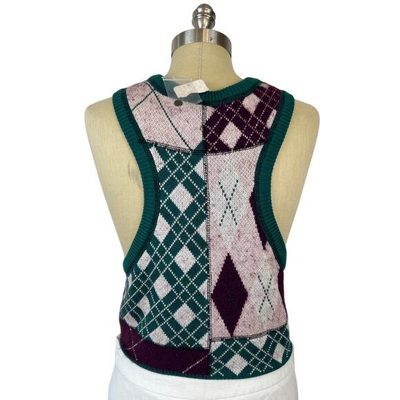Free People Camilla Button Down Vest Plum Pine Combo Argyle Plaid Print (Sz S) - Picture 3 of 10